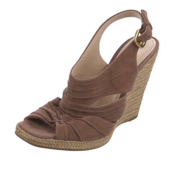 PRADA Platform Wedge Sandal Espadrilles Suede Beige Tan Strappy Size US 7/EU 37 - Picture 1 of 5
